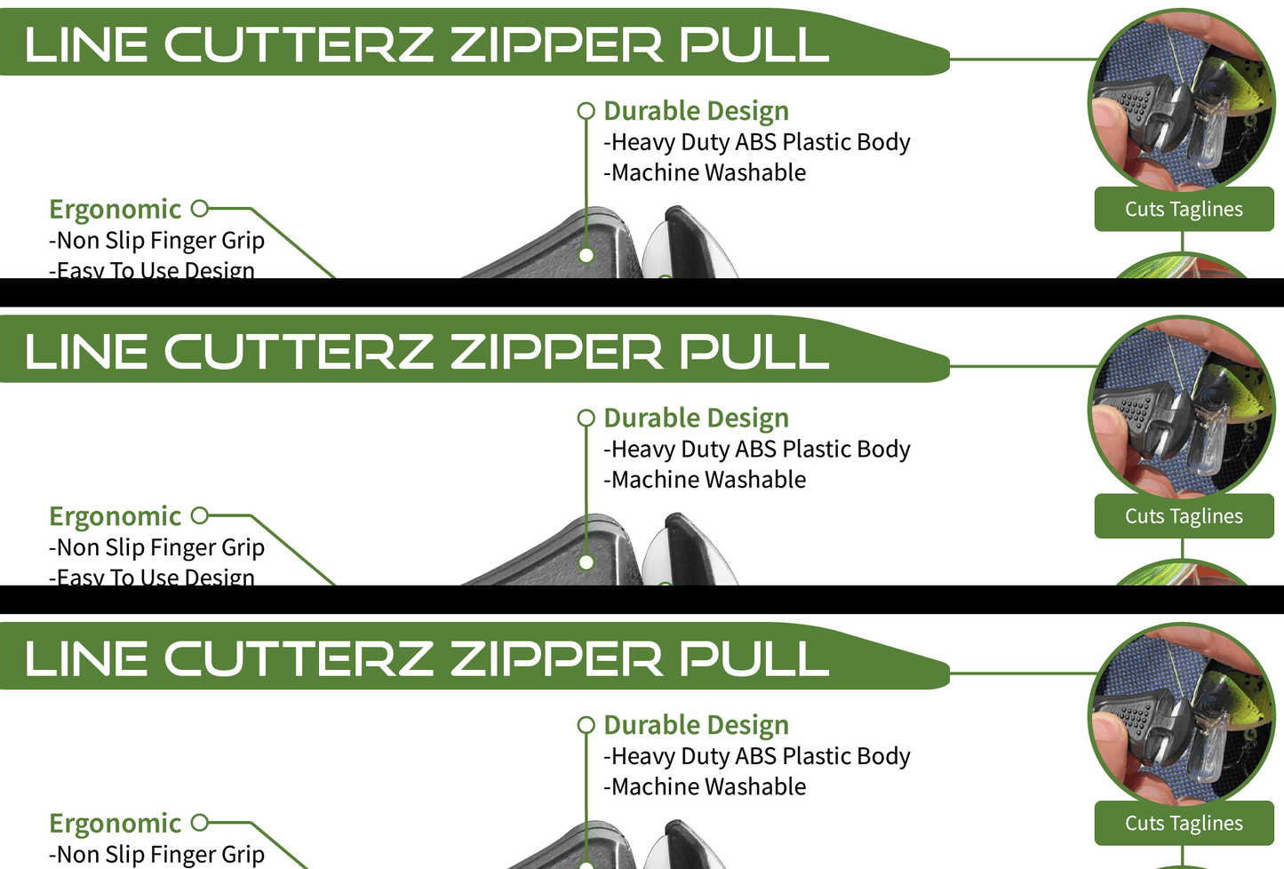 Image of Line Cutterz Zipper Pull Fishing Line Cutter in Black highlighting the Dual Ceramic Blades, the Ergonomic and Durable Design, and it's easy to attach interface