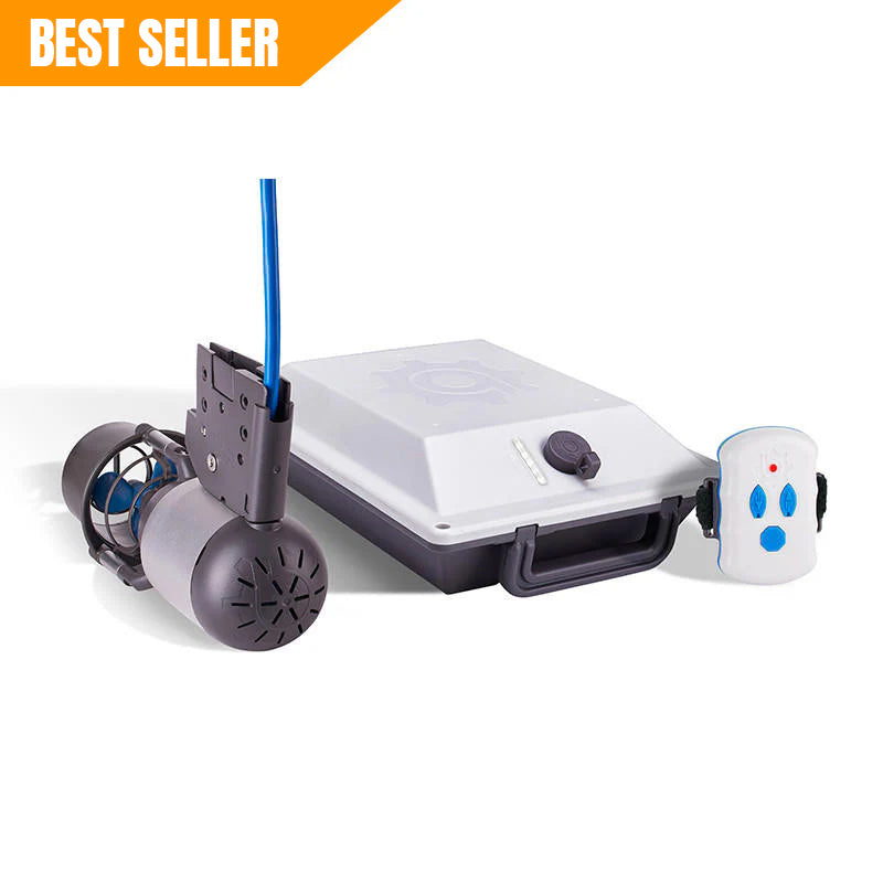 Bixpy K-1 Outboard Kit with electric motor, waterproof battery pack, and wireless remote control.