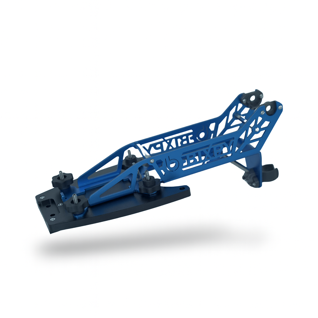 A blue Bixpy Power Pole plate is pictured installed onto a Bixpy Hobie Compass Mount Plate. The plate and mounting plate are pictured in front of a white background