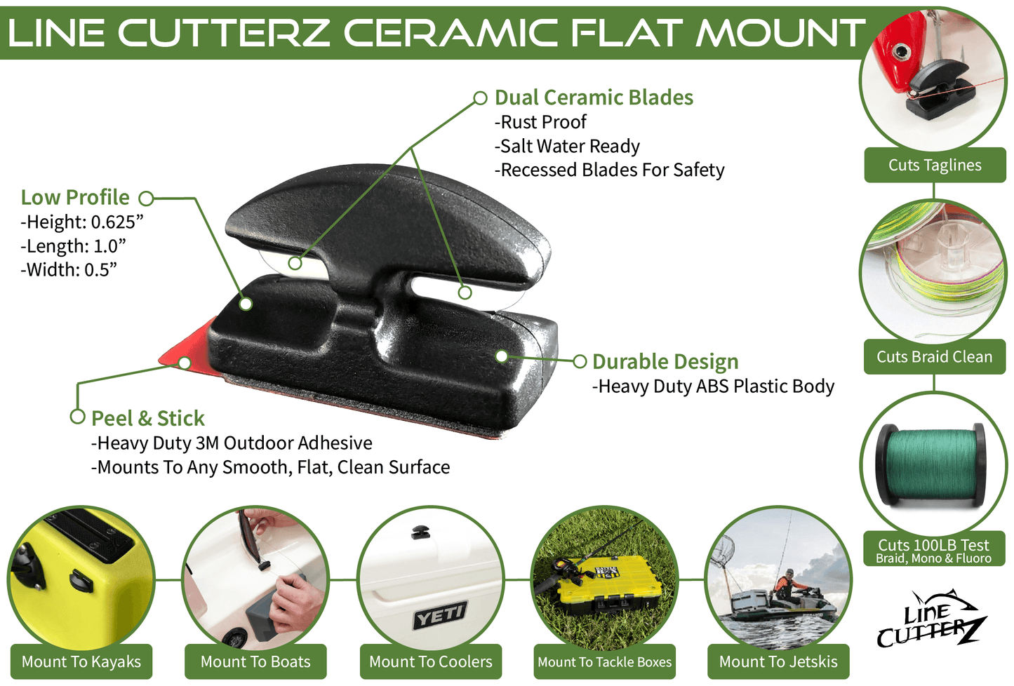 Image of Line Cutterz Ceramic Flat Mount Fishing Line Cutter in Black highlighting the Dual Ceramic Blades, the Low Profile Base, the Peel and Stick Bottom, and it's Durable Design