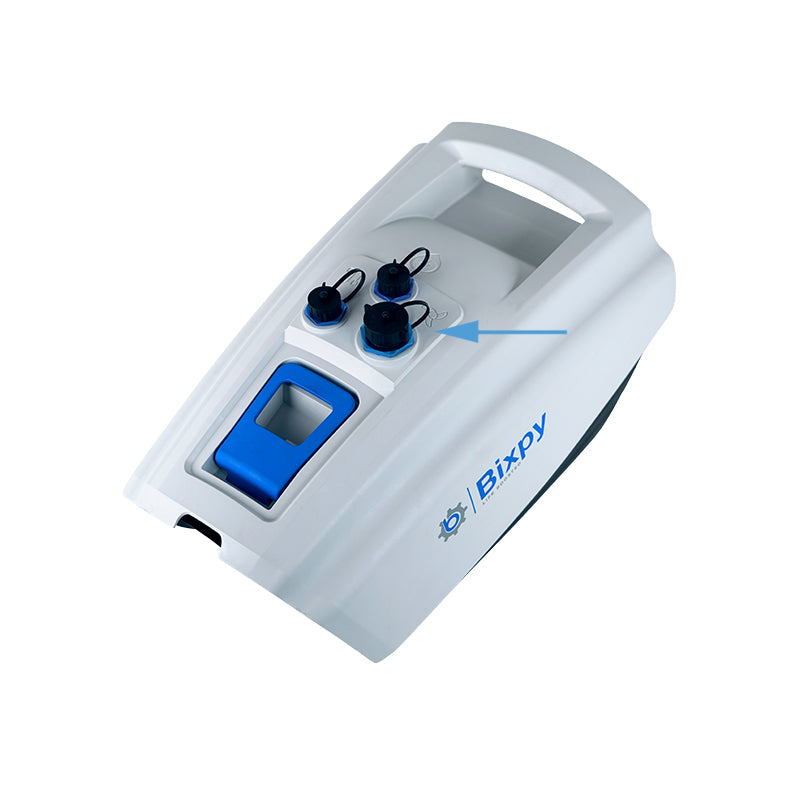 White and black Bixpy electric motor battery pack with a blue arrow pointing to its port cap, on a white background.