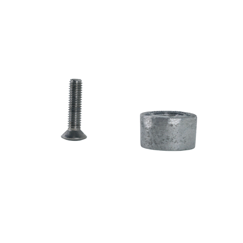 Silver metal bolt and cylindrical spacer, cutout image.