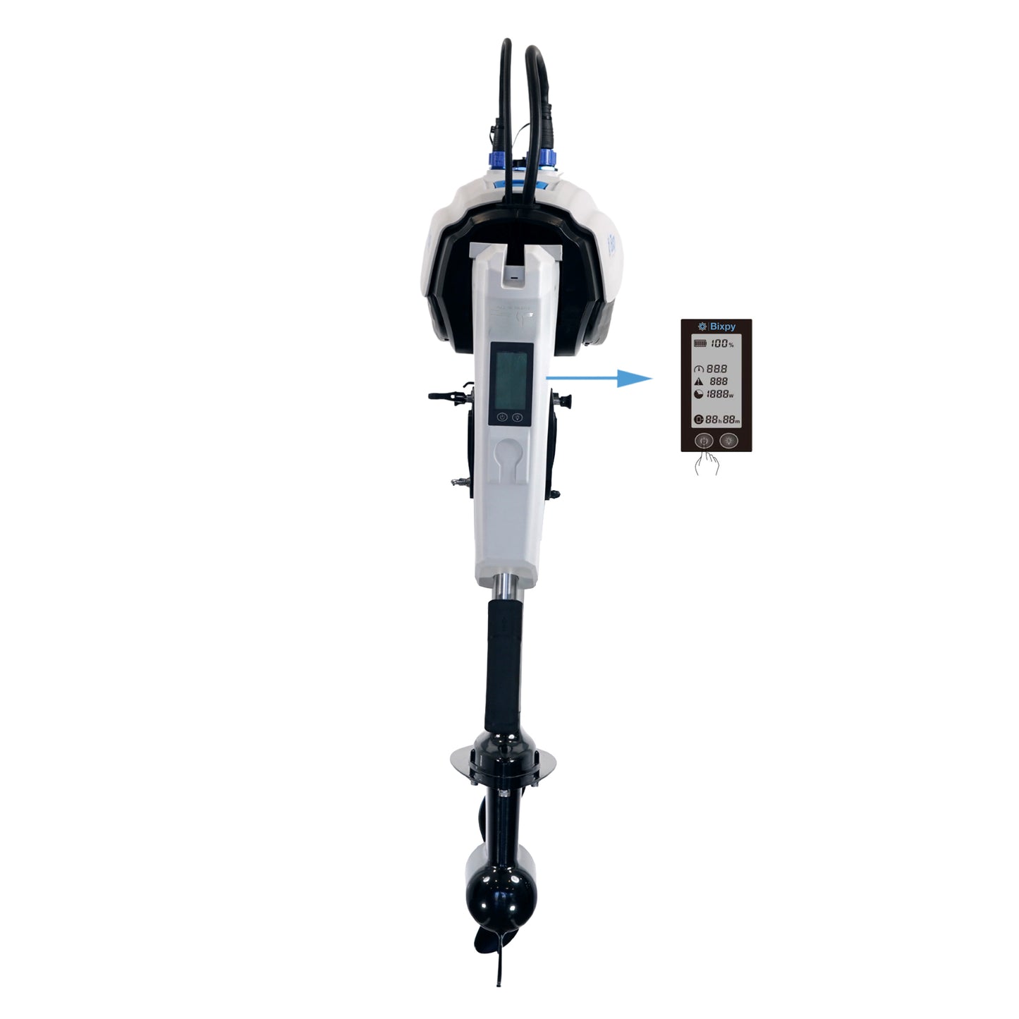 Bixpy electric outboard motor from a frontal view with an arrow pointing to its display screen, which shows 100% battery, speed, and other icons.