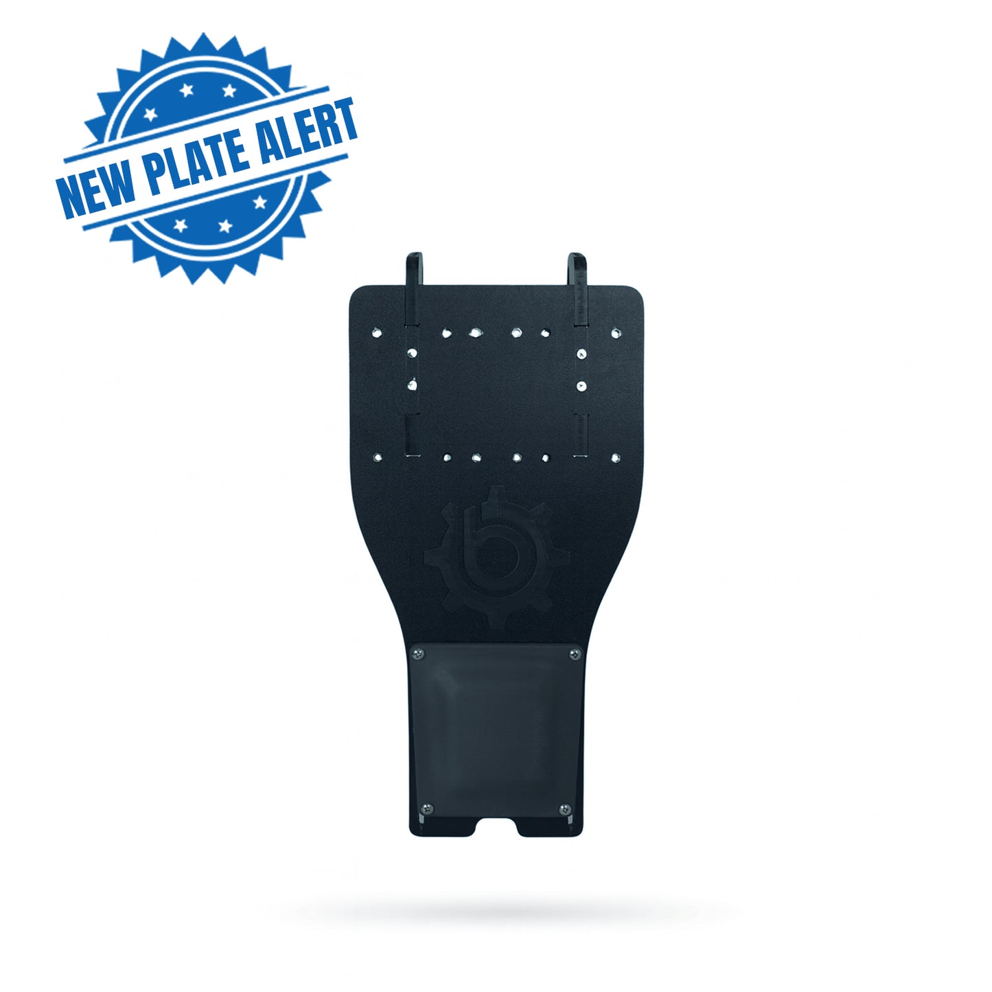 A Bixpy Hobie Pro Angler Triple Mount Plate shown against a white background. The black mounting plate has multiple pre-drilled holes for attachments and features the Bixpy logo embossed in the center. A blue badge in the top left corner reads “New Plate Alert".