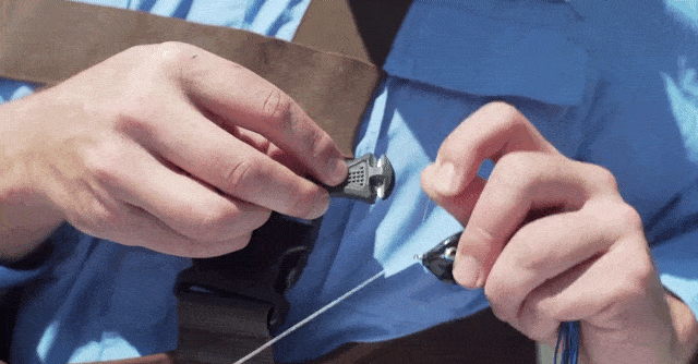 Short video of man using Line Cutterz Ceramic Flat Mount Fishing Line Cutter to cut clear fishing line with artificial bait