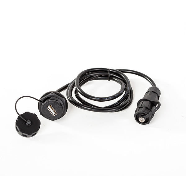 Bixpy 5V USB cable shown coiled, featuring waterproof connectors compatible with PP-333 and PP-378 batteries.