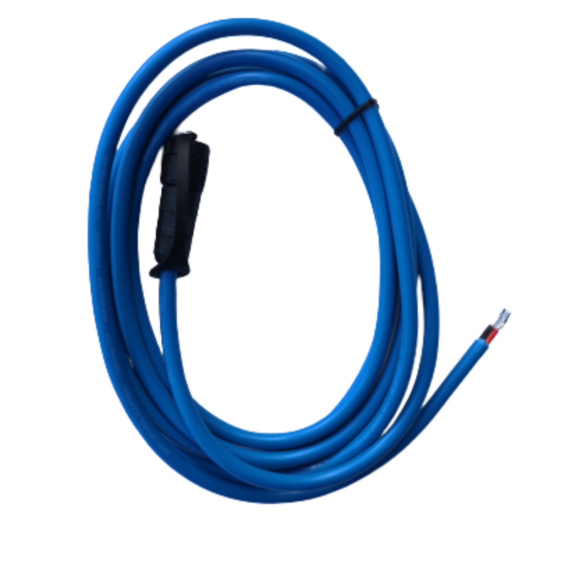 Coiled Bixpy 12V auxiliary power cable with blue insulated wire and waterproof connector for direct battery or accessory integration.