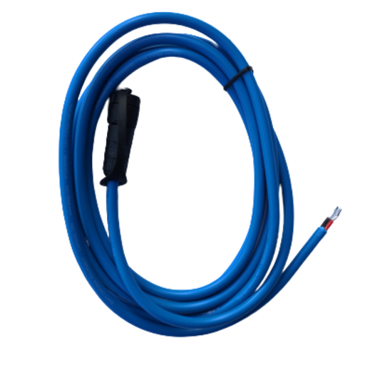 Coiled Bixpy 12V auxiliary power cable with blue insulated wire and waterproof connector for direct battery or accessory integration.