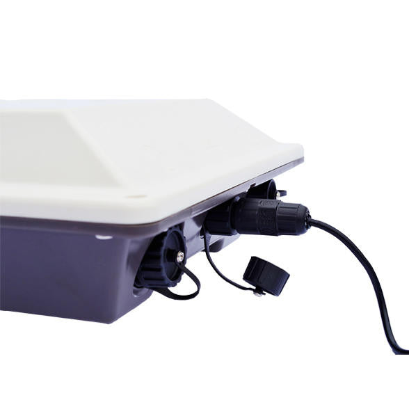 Bixpy USB cable plugged into a battery box, showing a waterproof connection for 5V USB power output.