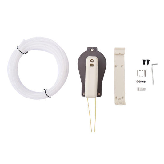 Components of a Bixpy Hand Steering Kit laid out, including coiled white tubing, the dark grey and white steering handle assembly, and various hardware, on a white background.