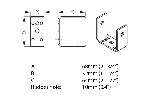 Technical diagram with dimensions of the Bixpy Simple Gudgeon for precise installation reference.