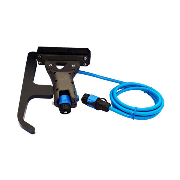 Angled view of DIY ThruHull POD Adapter for Bixpy J-1 Motors with blue waterproof cable and custom mounting bracket for kayak or small boat integration.