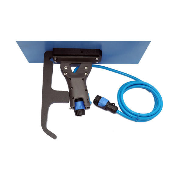 Top view of DIY ThruHull POD Adapter for Bixpy J-1 Motors mounted on test panel with blue waterproof power cable and integrated bracket.