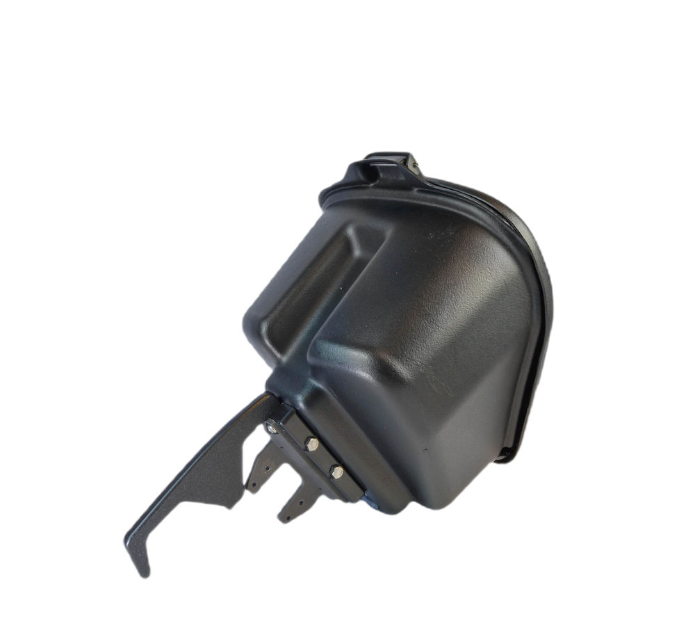 DIY POD Adapter for Bixpy J-2 Motors attached to black kayak pod, shown from side angle on transparent background.