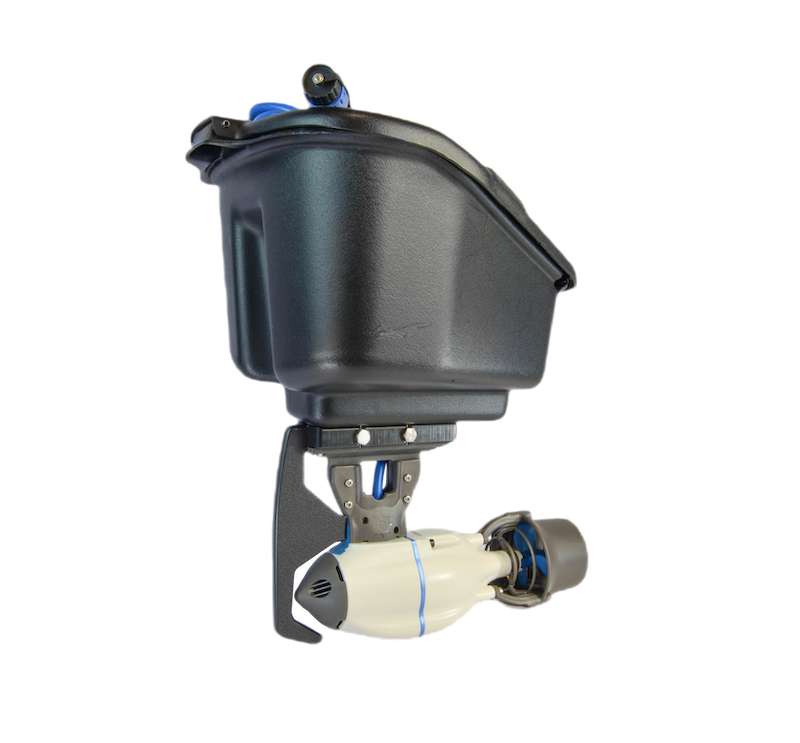 DIY POD Adapter with Bixpy J-2 Motor and black kayak pod, shown fully assembled with blue power cable.