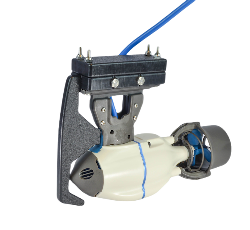 DIY POD Adapter with Bixpy J-2 Motor attached and blue power cable, shown on transparent background.