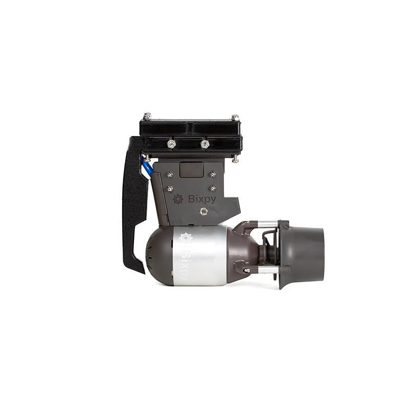Bixpy Jet electric motor mounted on a black Pod Adapter with an attached battery box and handle, on a white background.