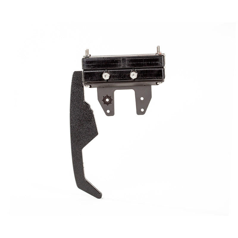 Black Bixpy Pod Adapter with a top clamp and a curved rudder-like extension, on a white background.