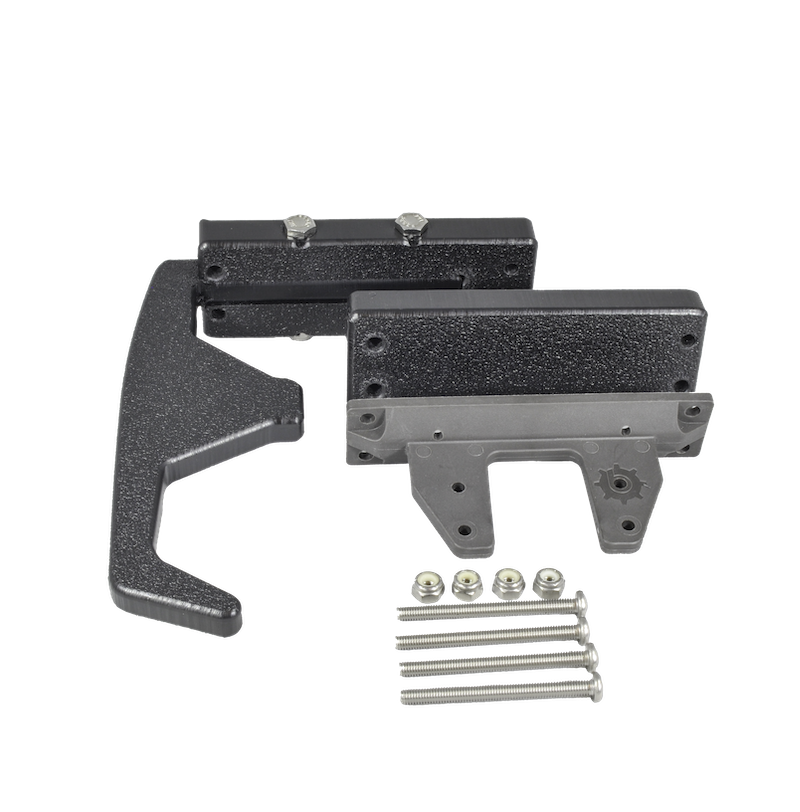 Disassembled Bixpy Pod Adapter kit components, including a black handle, clamp pieces, and hardware, cutout image.