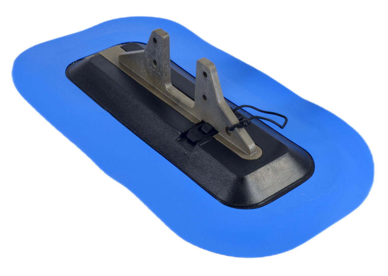 Black Bixpy Glue-On Fin Box Adapter with a blue oval adhesive patch and black cord.