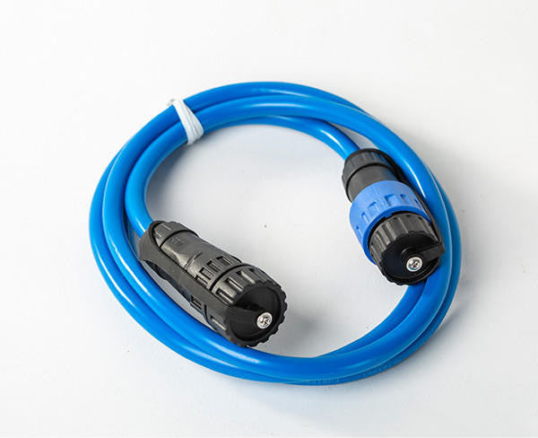 Blue Bixpy extension cable coiled with both waterproof quick-connect ends clearly visible.