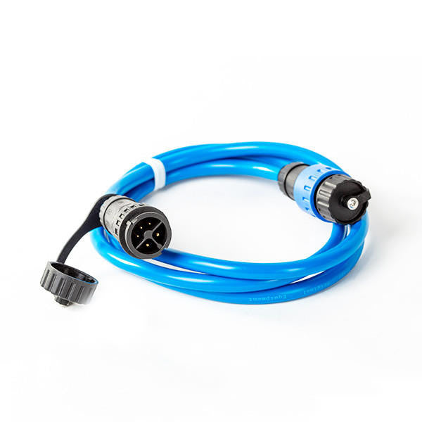 Blue Bixpy extension cable with waterproof quick-connect plugs on both ends, designed to extend the distance between the Bixpy battery and motor.