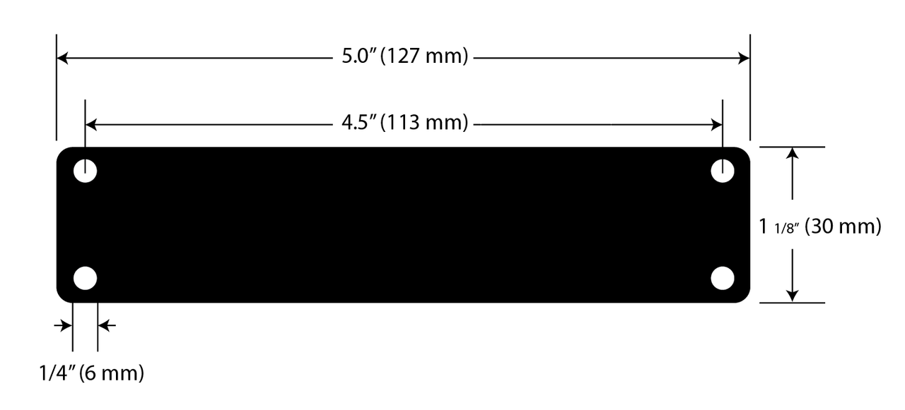 Technical drawing of a black rectangular mounting plate with four corner holes, showing dimensions of 5.0 inches long by 1 1/8 inches wide.