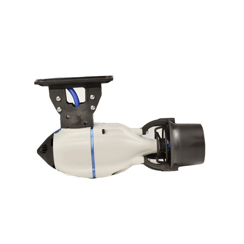 Bixpy J-2 electric motor attached to a black mounting adapter with a blue wire and flat top plate, on a white background.