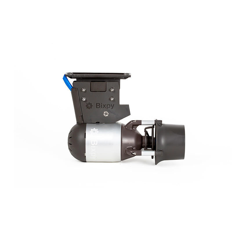 Bixpy K-1 electric motor attached to a black mounting adapter with a blue wire and flat top plate, on a white background.