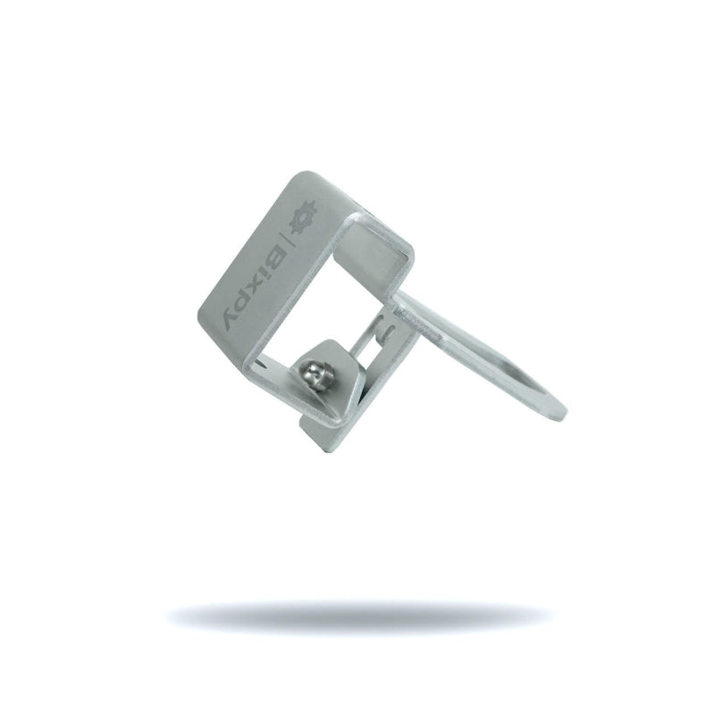 Small silver Bixpy clamp with a bolt and an extending flat piece, on a white background.