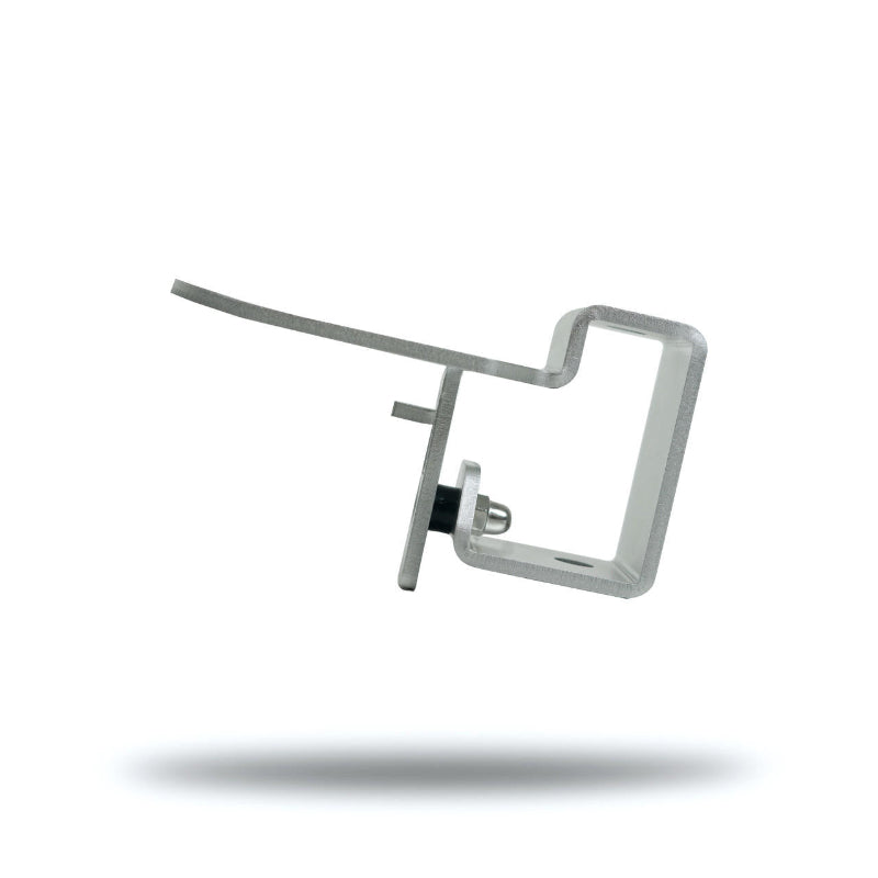 Small light grey Bixpy metal mounting bracket with a rectangular receiver and a visible bolt, on a white background.