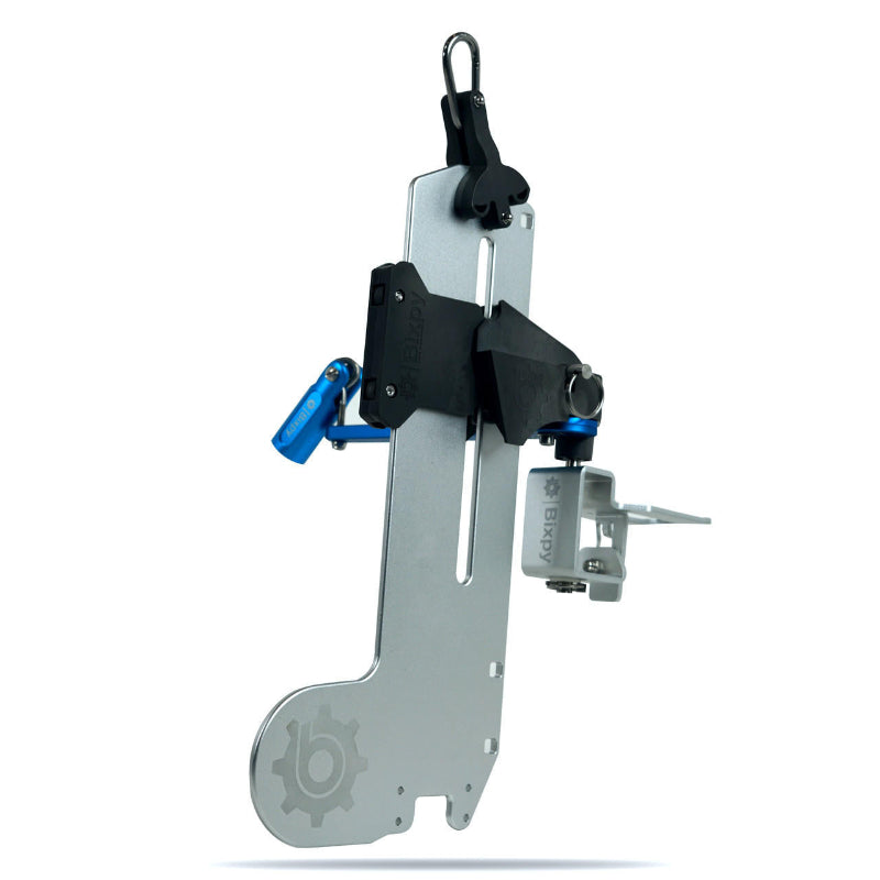 Light gray Bixpy rudder mounting adapter with black clamp, blue adjustment lever, and secondary mounting point, on a white background.