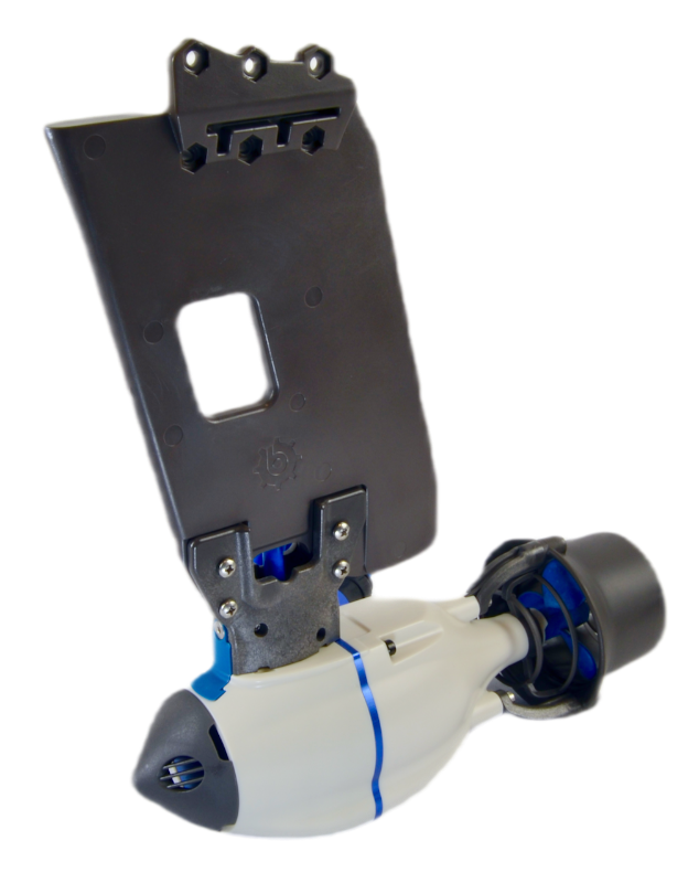 Bixpy Jet electric motor attached to a black specialized mounting adapter on a white background.