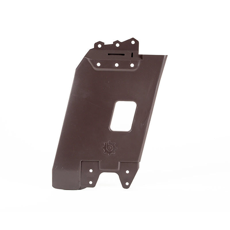 Dark brown Bixpy specialized mounting adapter with various holes and a rectangular cutout, on a white background.