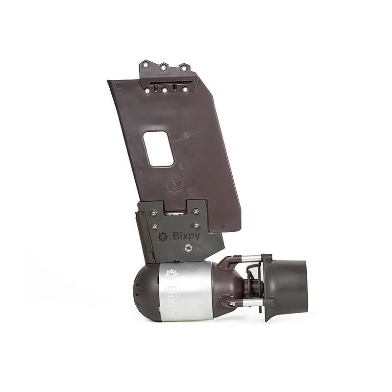 Bixpy Jet electric motor attached to a black specialized mounting adapter on a white background.