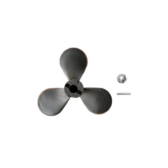 Black three-blade propeller with metal washer and nut displayed separately.