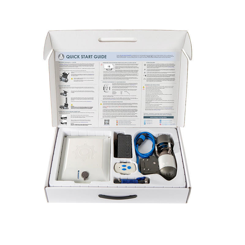Bixpy Jet Motor Kit: Open box showing the motor, battery, remote, quick-start guide, and accessories.