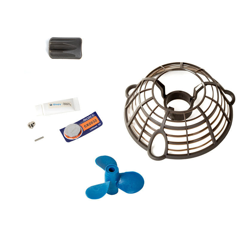 Bixpy Motor Care Kit components laid out, including a propeller guard, lubricant tube, screws, a blue propeller, and a rubber fitting.