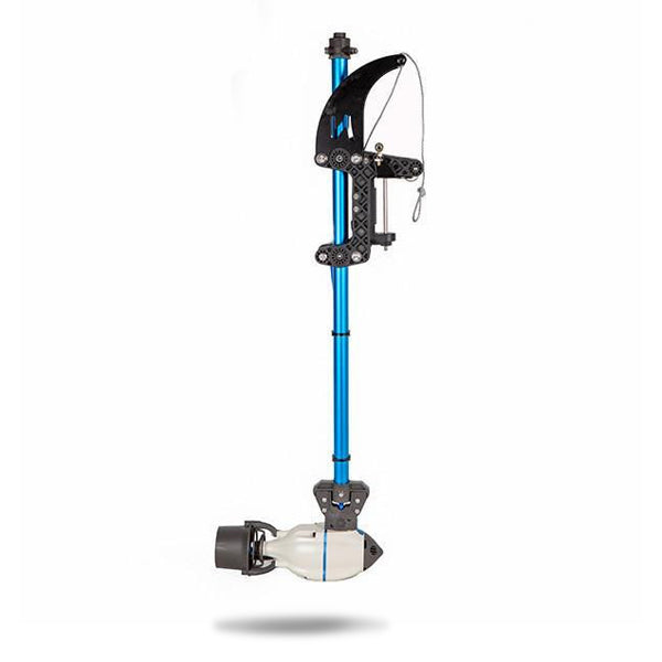 Complete Bixpy pole mount adapter system with a Bixpy J-2 motor attached to its blue vertical pole and black clamps, on a white background.