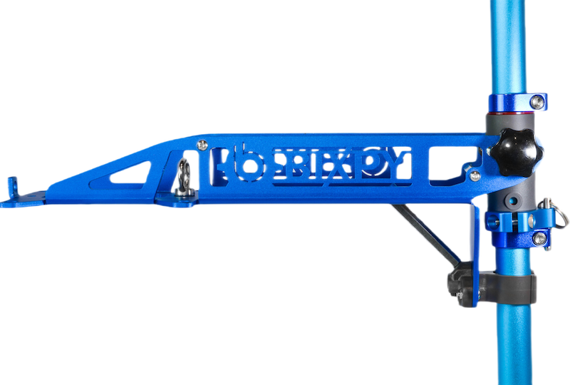 Bixpy Universal Trolling Motor Mount: Side view showcasing the blue aluminum frame, adjustable clamp, and mounting hardware.