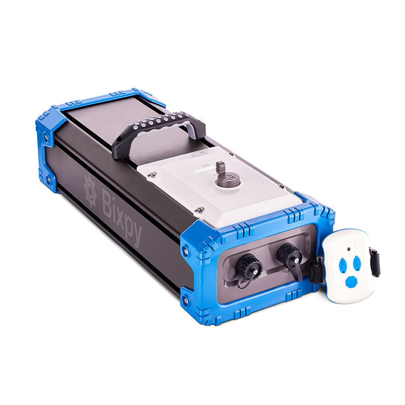 Bixpy Battery Pack: A portable power source for Bixpy jet motors, shown with a wireless remote.