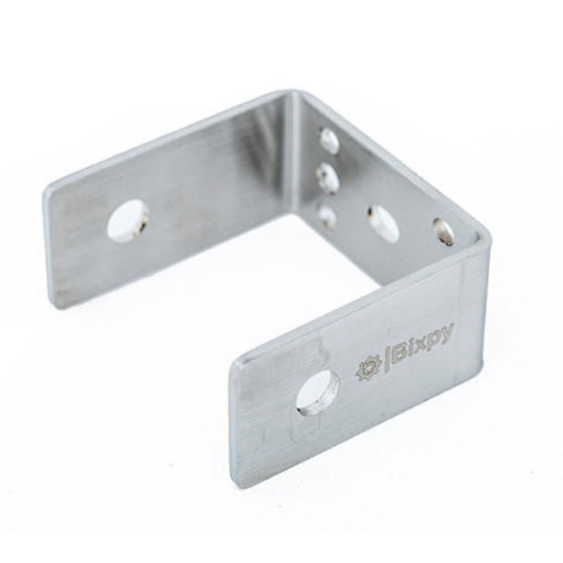 Close-up view of the stainless steel Bixpy Simple Gudgeon with three mounting holes on each side.