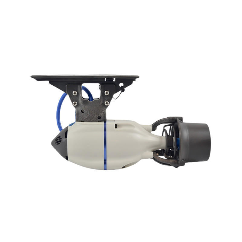 White Bixpy J-2 electric motor with blue stripe attached to a black fin adapter, on a white background.