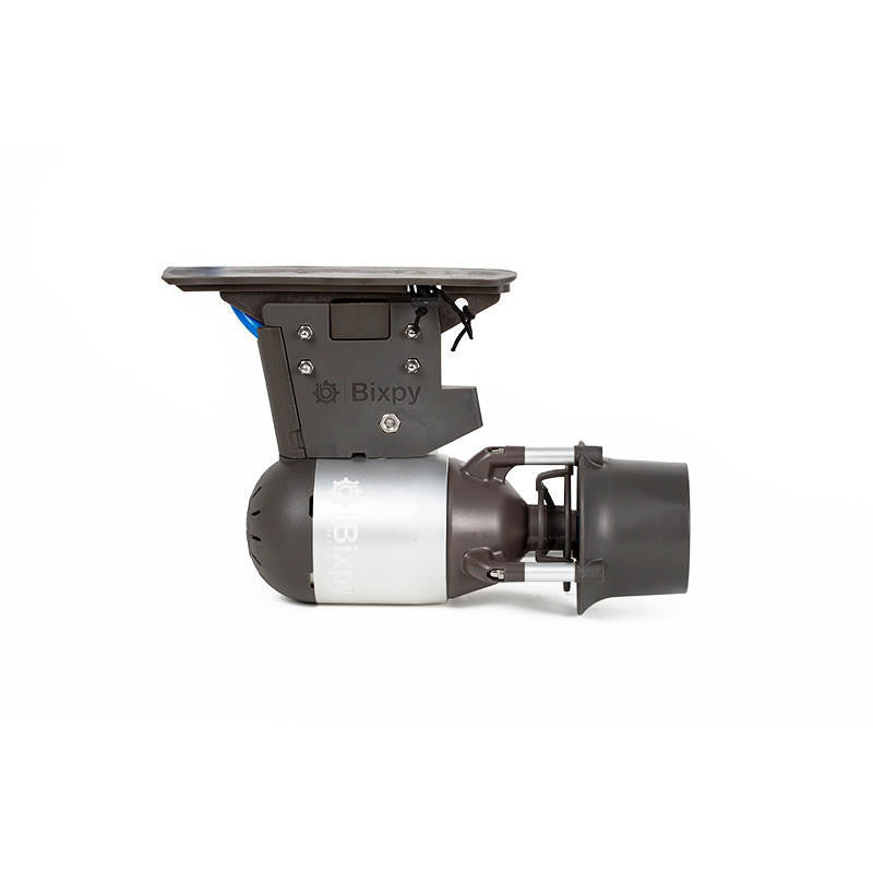 Bixpy Jet electric motor attached to a black fin adapter, on a white background.