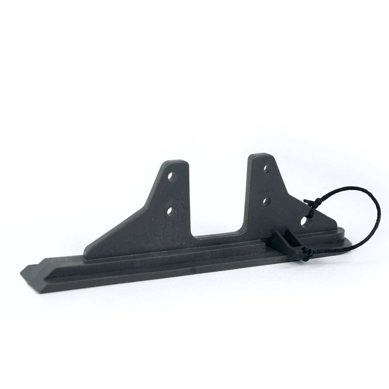 Dark grey Bixpy Slide and Lock Fin Adapter with two upward arms and a black cord, on a white background.