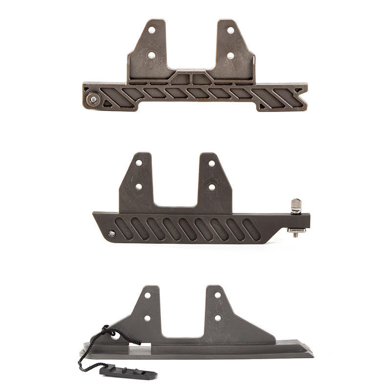 Three Bixpy fin adapters side by side: Flip & Lock Fin Adapter, Slide & Lock Fin Adapter, and US Fin Adapter, each designed for different fin box styles and used to attach a Bixpy motor to kayaks or paddleboards.
