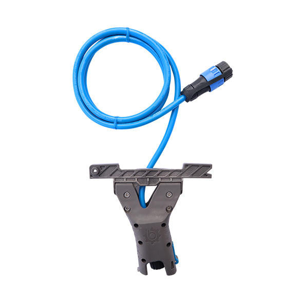 SUP Paddleboard Adapter for Bixpy J-1 Motors with Flip & Lock fin mount and blue waterproof power cable.
