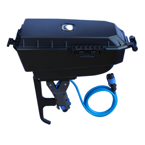 Bonafide Pod Adapter for Bixpy J-1 Motors with blue waterproof cable and integrated bracket mounted to dry pod for Bonafide kayak propulsion systems.