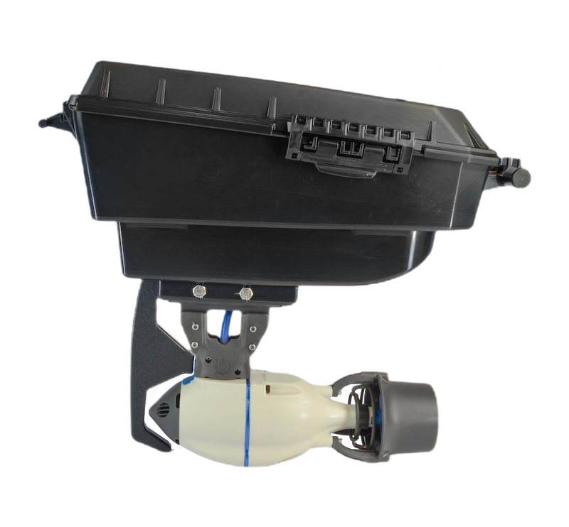 Side view of the Bonafide Pod Adapter with a J-2 motor mounted underneath, featuring a rugged black pod with latch closure and integrated mounting bracket, designed for seamless motor installation on Bonafide kayaks.
