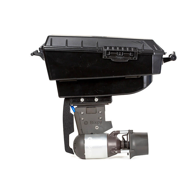 Bixpy Jet electric motor attached to a black Pod Adapter with a handle and blue accent, on a white background.